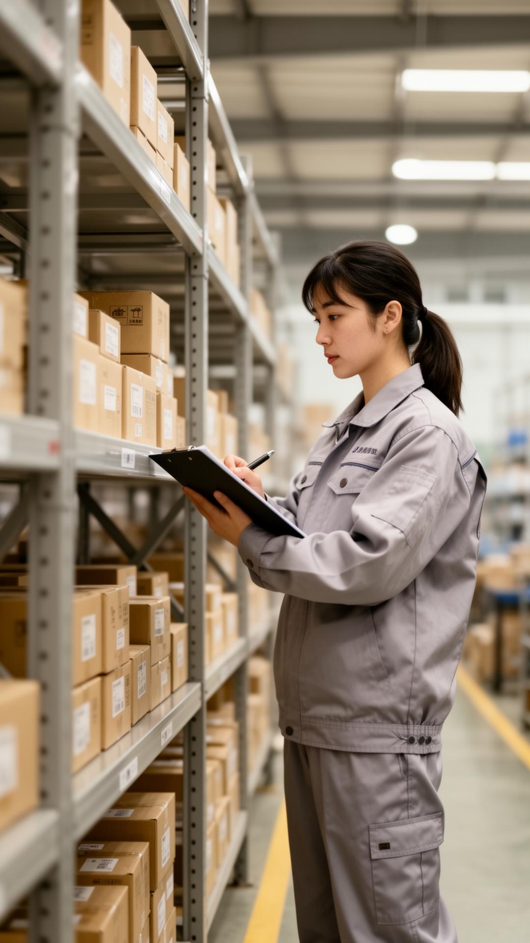 Inspetora local auditando mercadoria em fábrica chinesa